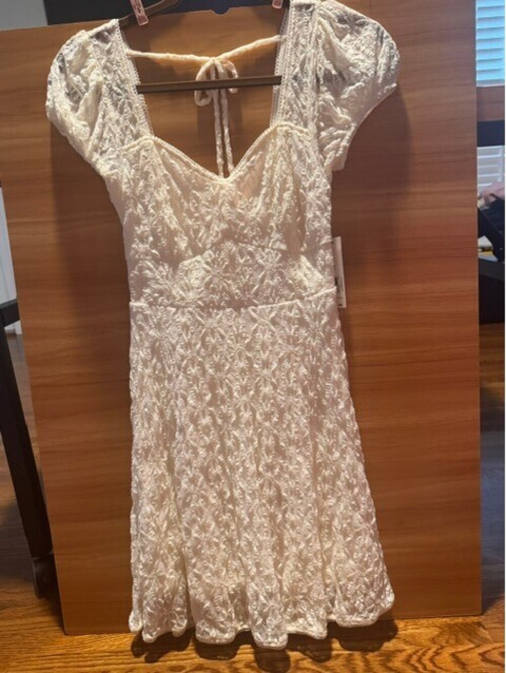 Cream Lace Puff Sleeve Dress with Back Tie